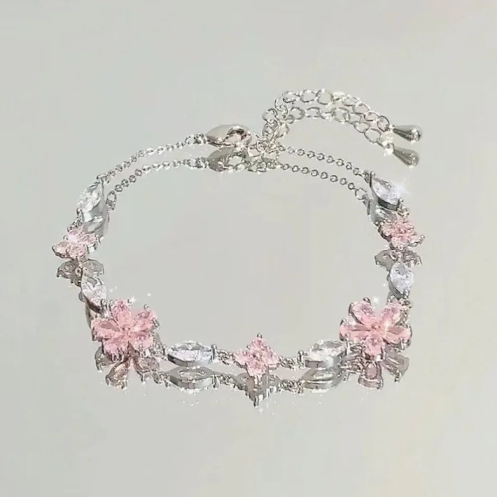 luckacco elegant crystal flowers bracelet for women y2k sweet girls moon cherry blossom bow zircon bracelets luxury jewelry gift