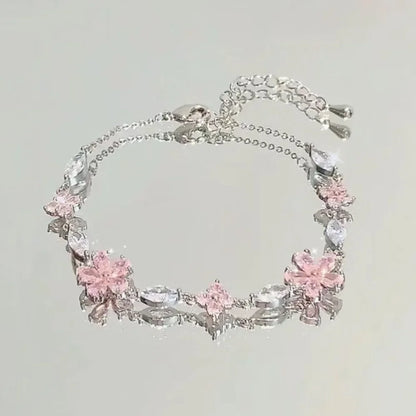 Luckacco Elegant Crystal Flowers Bracelet for Women Y2K Sweet Girls Moon Cherry Blossom Bow Zircon Bracelets Luxury Jewelry Gift