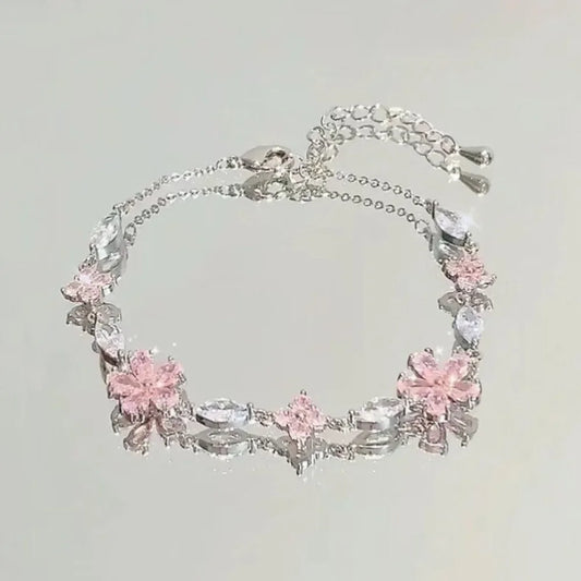 Luckacco Elegant Crystal Flowers Bracelet for Women Y2K Sweet Girls Moon Cherry Blossom Bow Zircon Bracelets Luxury Jewelry Gift
