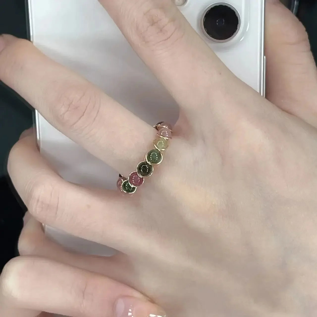 luckacco fashion retro handmade metal wire winding beaded natural stone rainbow tourmaline ring open adjustable ring female charm jewelry
