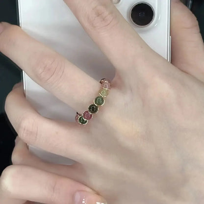 Luckacco Fashion Retro Handmade Metal Wire Winding Beaded Natural Stone Rainbow Tourmaline Ring Open Adjustable Ring Female Charm Jewelry