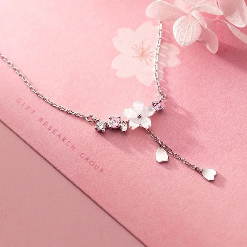 luckacco 925 sterling silver inlaid zircon necklaces for women romantic cherry blossom pendant clavicle chain choker jewelry