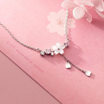 Luckacco 925 Sterling Silver Inlaid Zircon Necklaces for Women Romantic Cherry Blossom Pendant Clavicle Chain Choker Jewelry