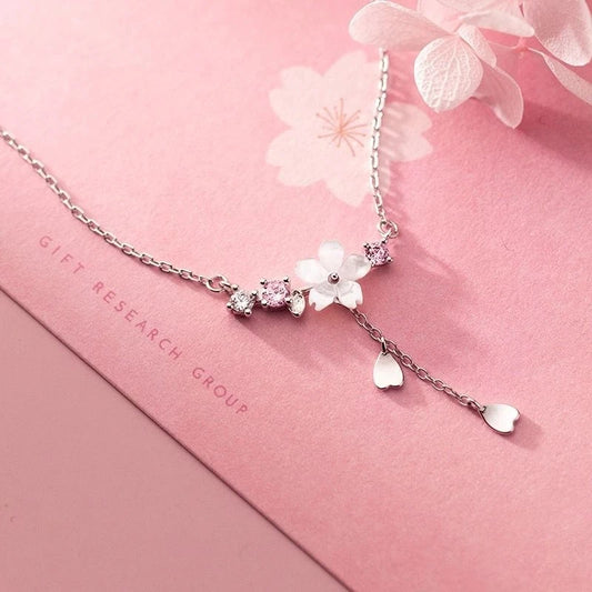Luckacco 925 Sterling Silver Inlaid Zircon Necklaces for Women Romantic Cherry Blossom Pendant Clavicle Chain Choker Jewelry