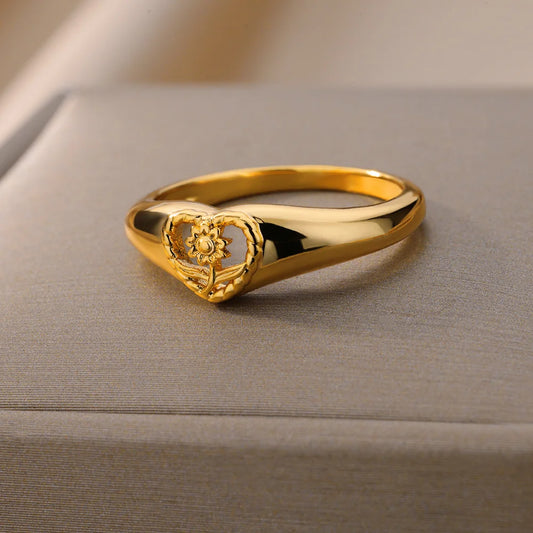 Luckacco Sunflower Heart Rings For Women Gold Color Stainless Steel Ring Female Engagement Wedding Party Finger Jewelry Gift 2024 Trend