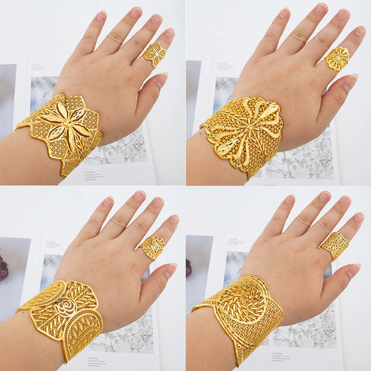 Luckacco Gold Plated Cuff Bracelet With Ring Female Dubai Gold Color Bangles For Women Luxury Dubai Anniversary Gift Jewelry Accessories