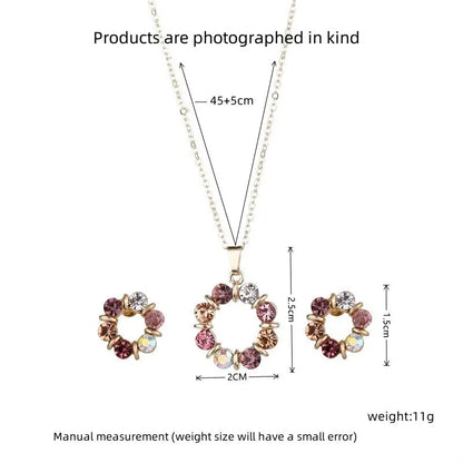 Luckacco 3pcs Gold Necklace Earrings Set Ladies Celebrity Simple Fashion Style Exquisite Stained Glass Diamond Circle Shape Jewelry