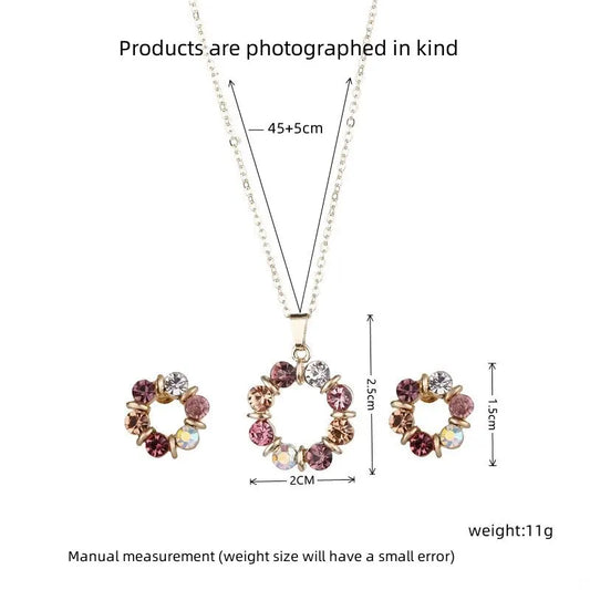 Luckacco 3pcs Gold Necklace Earrings Set Ladies Celebrity Simple Fashion Style Exquisite Stained Glass Diamond Circle Shape Jewelry