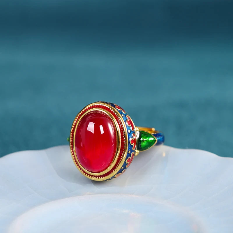 luckacco original ancient gold craftsmanship natural carnelian rings for women flower enamel national style light luxury wedding jewelry