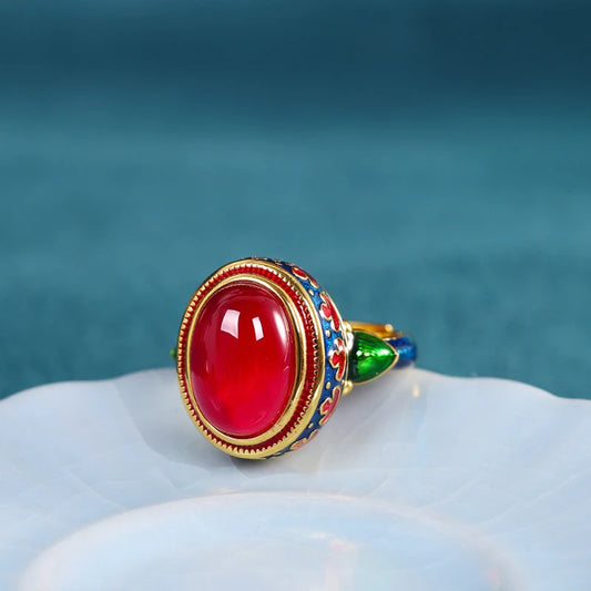 Luckacco Original ancient gold craftsmanship natural carnelian rings for women flower enamel national style light luxury Wedding jewelry