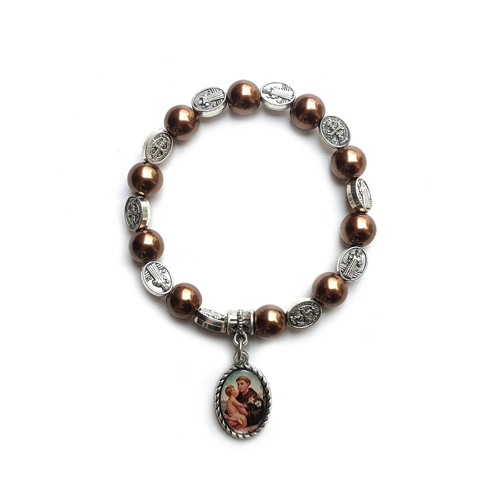 luckacco holy father mother pendant glass pearl beads strand elastic bracelet for men women religious jewelry
