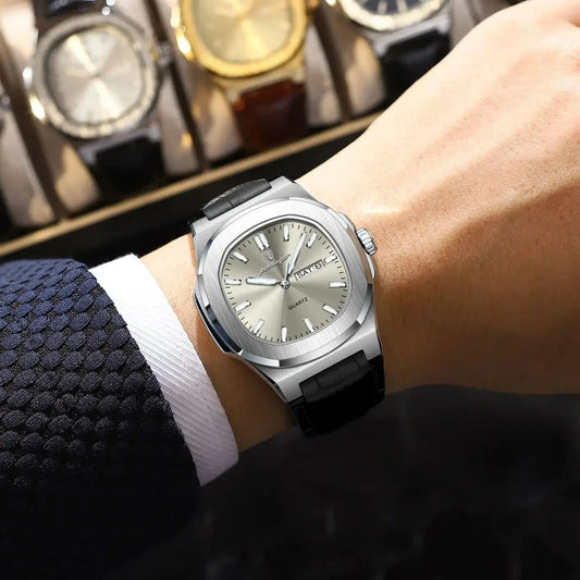 Luckacco POEDAGAR High Quality Watch For Men Luxury Luminous Waterproof Week Calendar Man Clock Leather Square Men's Quartz Watches Reloj
