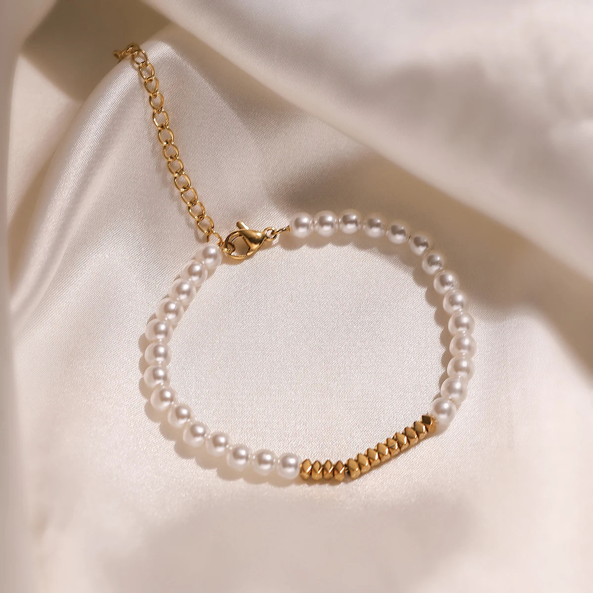 luckacco newbuy brand gold color stainless steel beads imitation pearl bracelet for elegant women non-fading jewelry