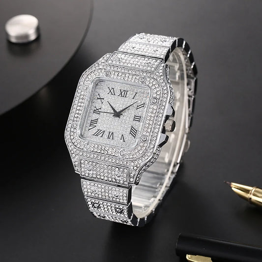 Luckacco Luxury Classic Business Men's Steel Strap Square Roman Scale Rhinestone Quartz Watch Fashion Male Wristwatch Relogio Masculino