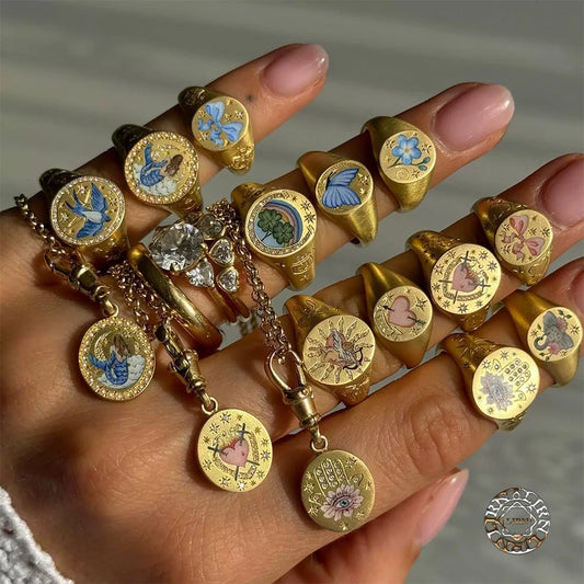 Luckacco 2025 New Finger Ring Copper Gold Color Plated Metal Tarot Enamel Stainless Steel Rings for Women Jewelry