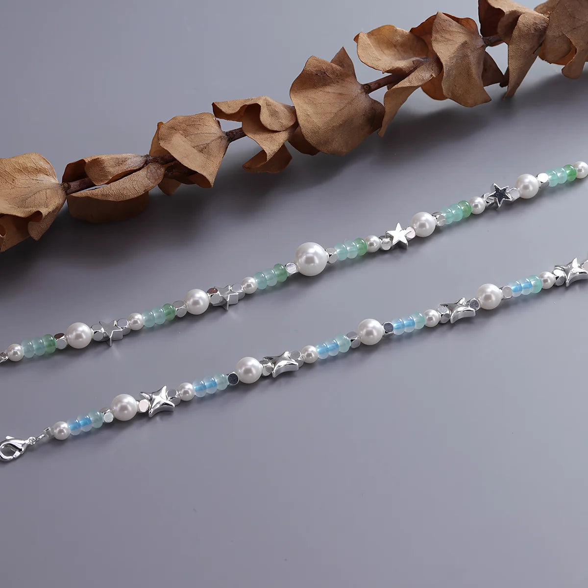 luckacco ventfille 925 sterling silver 6mm shell pearl glass bead star bracelet for women gift crushed silver jewelry