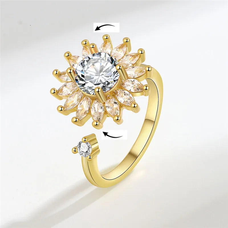 luckacco fashion fidget spinner ring anxiety for women multiple crystal sunflower finger rings rotate anti stress jewelry wedding gift