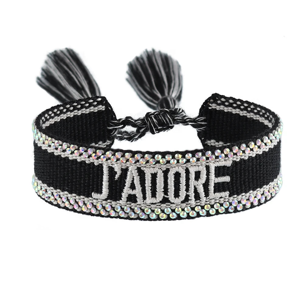 luckacco rhinestone embroidery woven bracelets adjustable rope stackable bangle for women