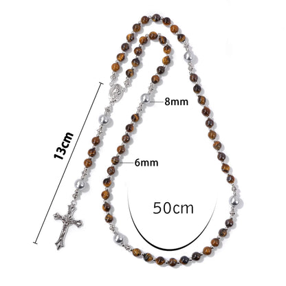 Luckacco Catholic Jesus Cross Bracelet Men Religious Prayer Rosary Bangle 50CM Natural African Turquoises Lava Gem Stone Bead Bracelet