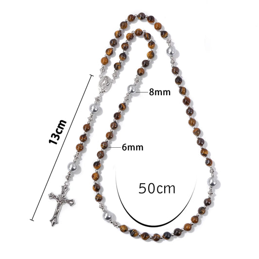 Luckacco Catholic Jesus Cross Bracelet Men Religious Prayer Rosary Bangle 50CM Natural African Turquoises Lava Gem Stone Bead Bracelet