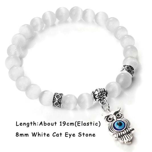 Luckacco Natural Cat Eye Stone Bracelet & Bangle for Women Brief White Pink Opal Beads Yoga Balance Jewelry Lucky Wristband Handmade Gift