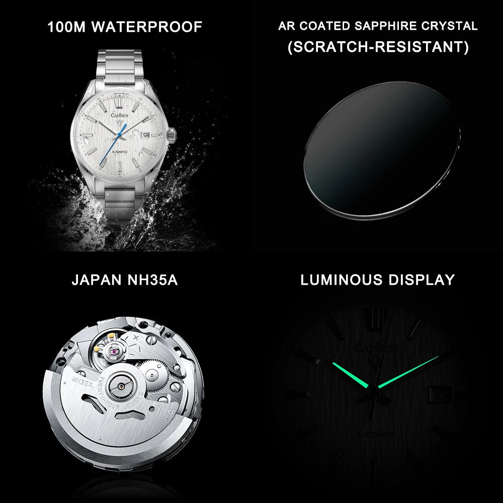 luckacco cadisen 2024 new luxury men mechanical wristwatches 10bar waterproof japanese nh35 movement automatic watch steel watch for men