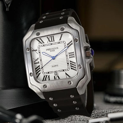 Luckacco 2025 Men's Luxury Square Quartz Watch Stainless Steel Rubber Band Roman Numeral Calendar Watch British Brand Watch