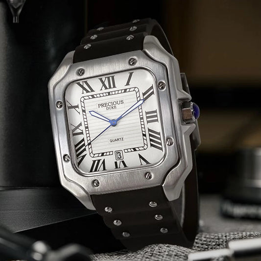 Luckacco 2025 Men's Luxury Square Quartz Watch Stainless Steel Rubber Band Roman Numeral Calendar Watch British Brand Watch