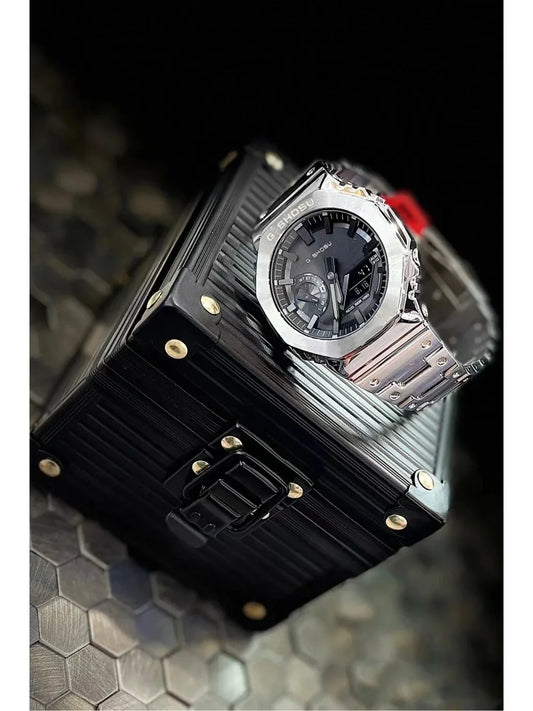 Luckacco Digital Sports Electronic Unisex Watch Full Function LED Alloy Large Dial World Time Steel Strap GMB Oak Series
