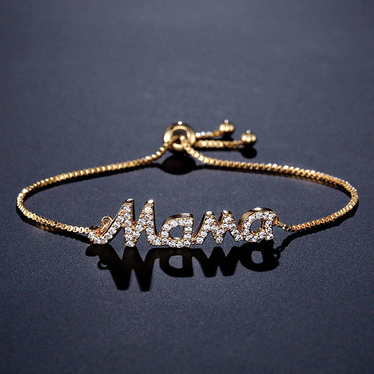 Luckacco Exquisite Mama Letter Bracelet For Women Sparkling Crystal Zircon Adjustable Chain Bangle Mother's Day Mom Birthday Jewelry Gift