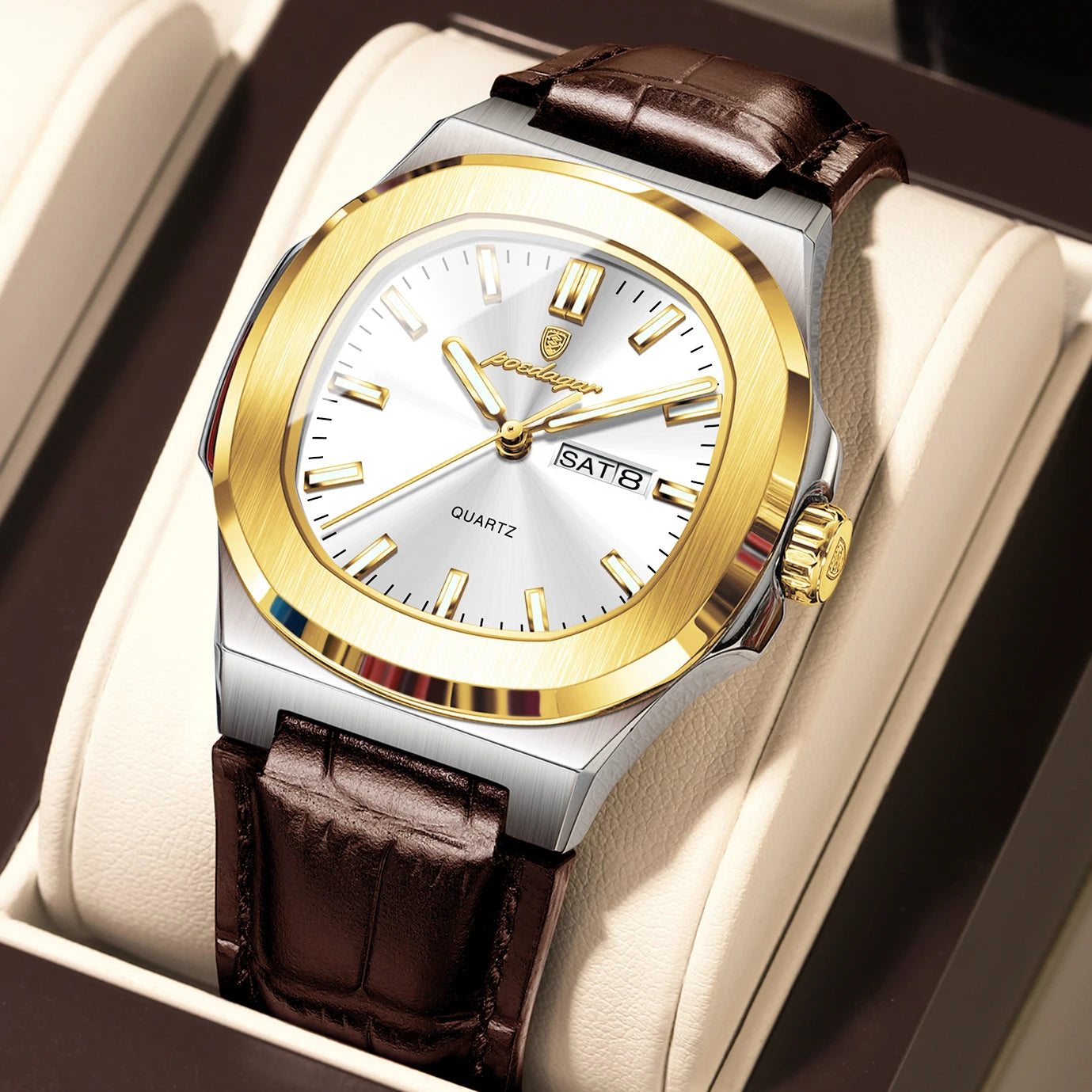luckacco poedagar high quality watch for men luxury luminous waterproof week calendar man clock leather square men's quartz watches reloj