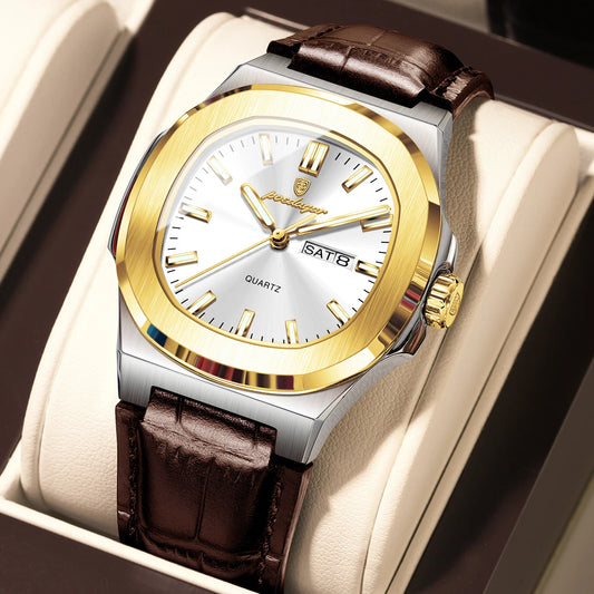 Luckacco POEDAGAR High Quality Watch For Men Luxury Luminous Waterproof Week Calendar Man Clock Leather Square Men's Quartz Watches Reloj