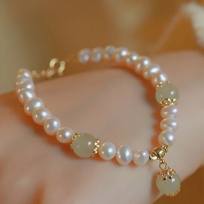 luckacco pearl hotan jade female beads high quality near round natural freshwater chain bracelet jewelry for women birthday gifts