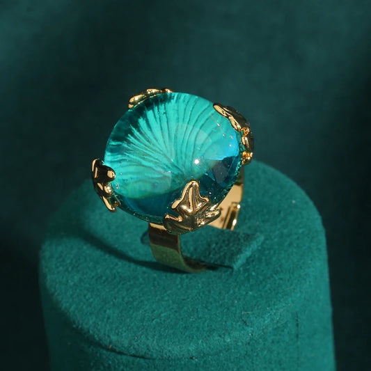 Luckacco Vintage Wedding Rings for Women Round Blue Natural Oval Green Crystal Horse Eye Shape Glass Retro Pattern Gold Color Jewelry