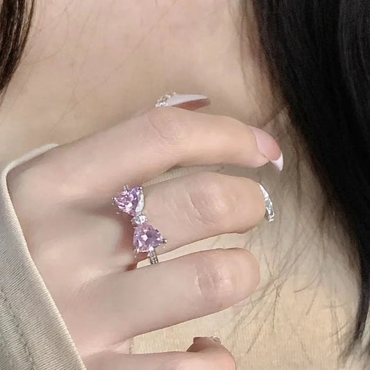 Luckacco Pink Crystal Irregular Heart Rings Creative Zircon Bowknot Opal Love Heart Open Ring Y2K Shiny Rings for Women Party Jewelry