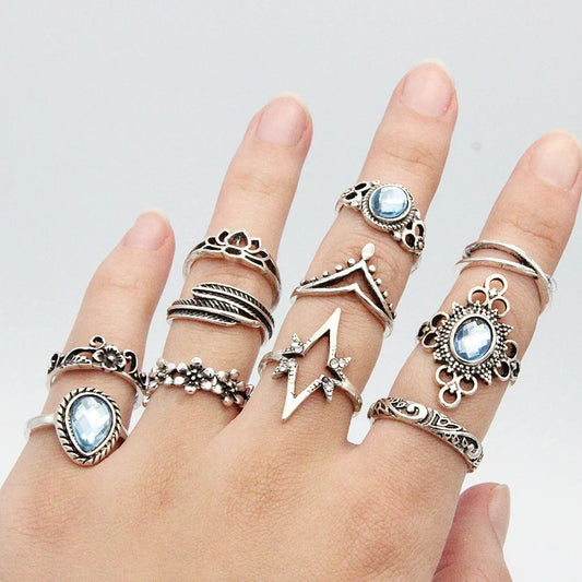 Luckacco 11pcs/set Bohemia Vintage Silver Gothic Aesthatic Vintage Carved Feathers Flowers Leaves Butterfly Ring set for women