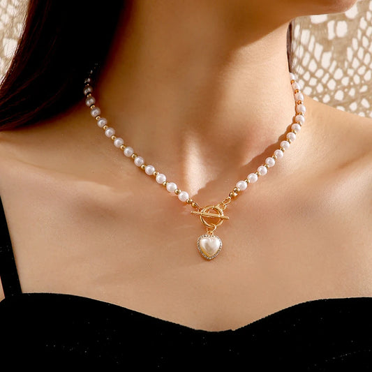 Luckacco Y2k Bowknot Pearl Necklace For Women Elegant Korean Style Rhinestone Heart Pendant Necklace Fashion Wedding Party Jewelry Gift