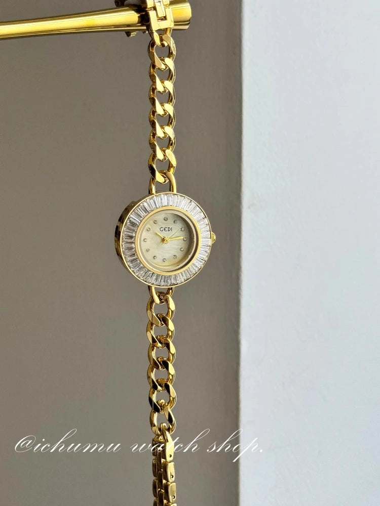 luckacco women's watches 2025 luxury elegant ladies wrist watch gold rhinestone quartz wristwatch vintage female small clock reloj mujer