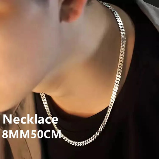 Luckacco Original 925 Sterling Silver 8MM Cuban Necklace Men Women Wedding Fine Jewelry Accessories Party Gift