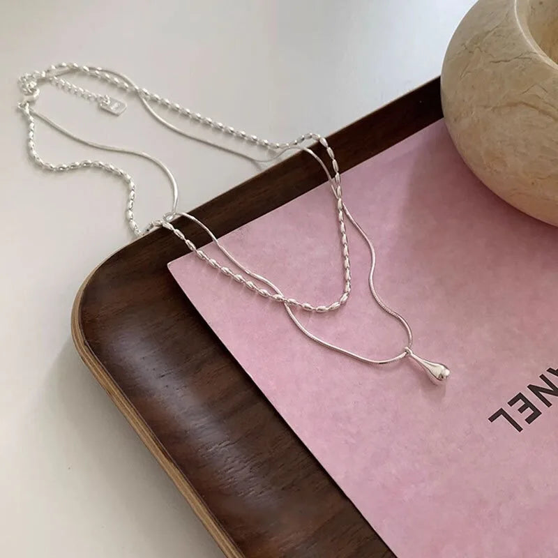 luckacco 925 sterling silver simple design drop pendant necklace for women double collar chain fashion fine jewelry gifts