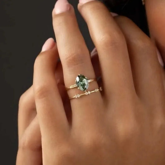 Luckacco Elegant Women Rings Gold Color Round Green White Stone Rings Party Accessories Gift