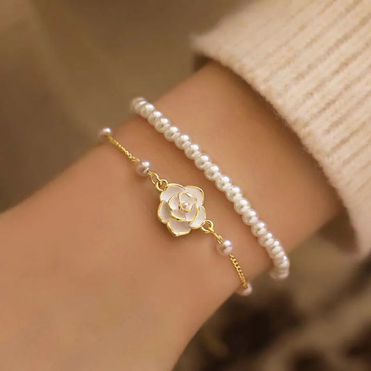 Luckacco Vintage White Camellia Flower Bracelets For Women Elegant Double Layer Simulated Pearl Beads Chain Bracelet Jewelry 2025 Trend
