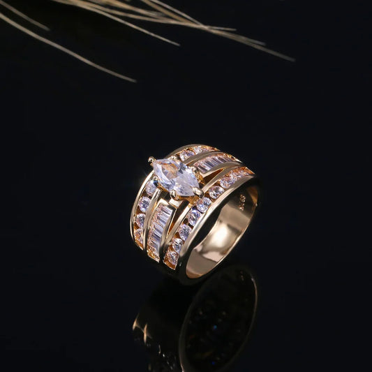Luckacco Gorgeous Three-Row White Zircon Engagement Rings Fashion Gold Color Party Anniversary Wedding Rings for Women
