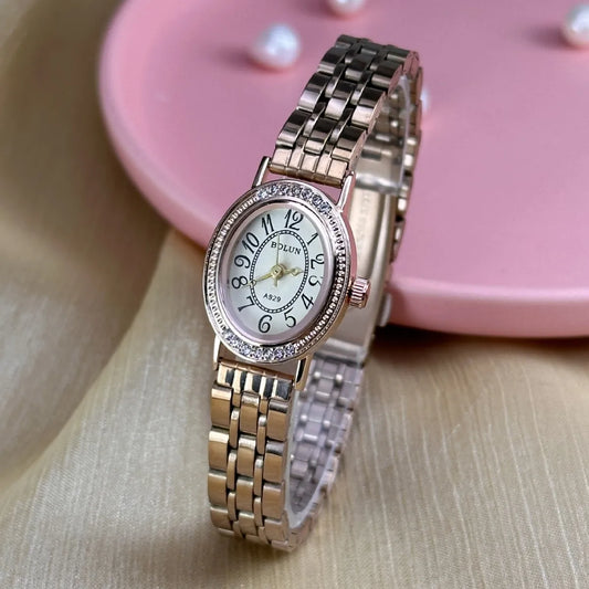 Luckacco Elegant Women Diamond Oval Watch Female Hand Watch Steel Small Original Luxury Ladies Wristwatch Golden Relógio