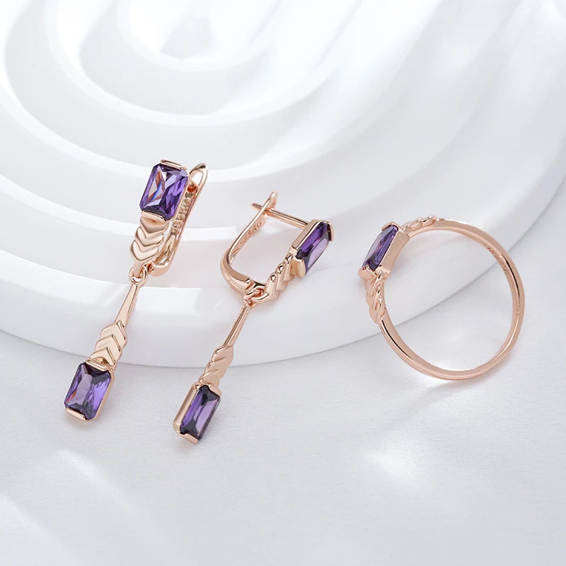 luckacco kinel sparkling square purple natural zircon rings for women luxury unusual 585 rose gold color party daily jewelry 2023 new
