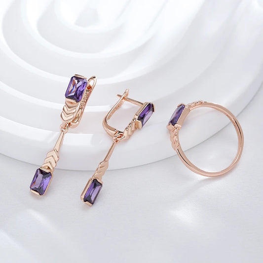 Luckacco Kinel Sparkling Square Purple Natural Zircon Rings for Women Luxury Unusual 585 Rose Gold Color Party Daily Jewelry 2023 New