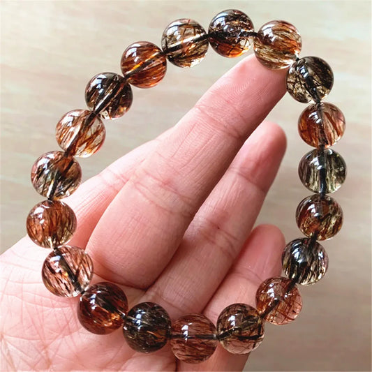 Luckacco Natural Black Gold Super Seven 7 Rutilated Quartz Bracelet Woman Men Copper Rutilated Rare Clear Round Beads AAAAAAA