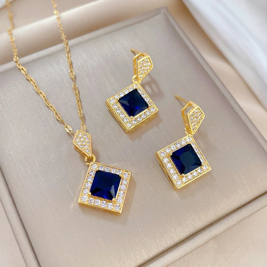 Luckacco Exquisite Geometry Square Necklace Earrings Jewelry Set Charm Ladies Jewelry Fashion Bridal Accessory Set Romantic Gift