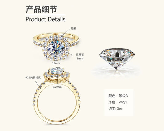 Luckacco Real 2CT 8mm Round Moissanite Square Ring 925 Sterling Silver Luxury Brilliant Diamond Wedding Finger Rings Band For Women