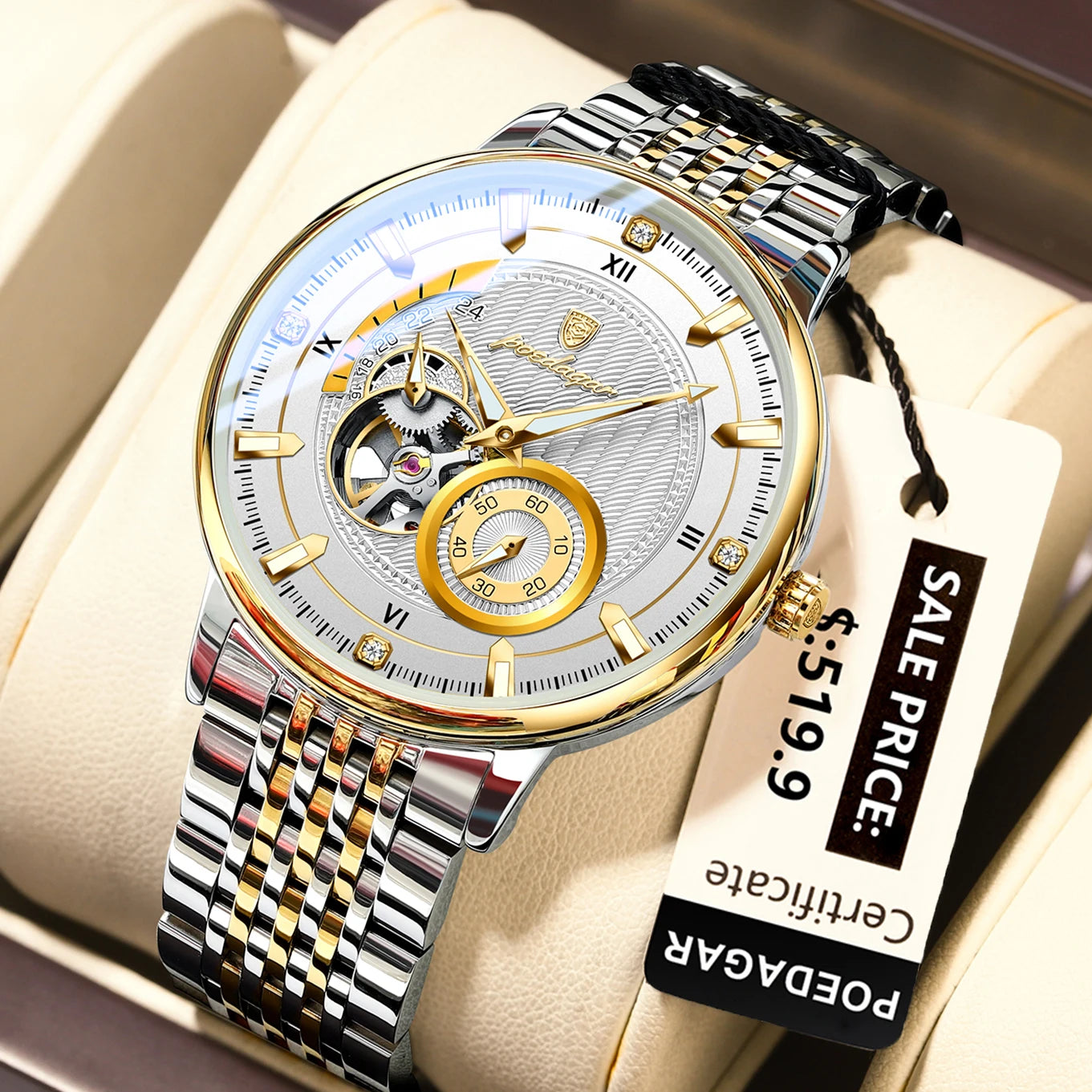 luckacco poedagar luxury man wristwatch top automatic mechanical luminous men watch hollow tourbillon stainless steel men's watches reloj